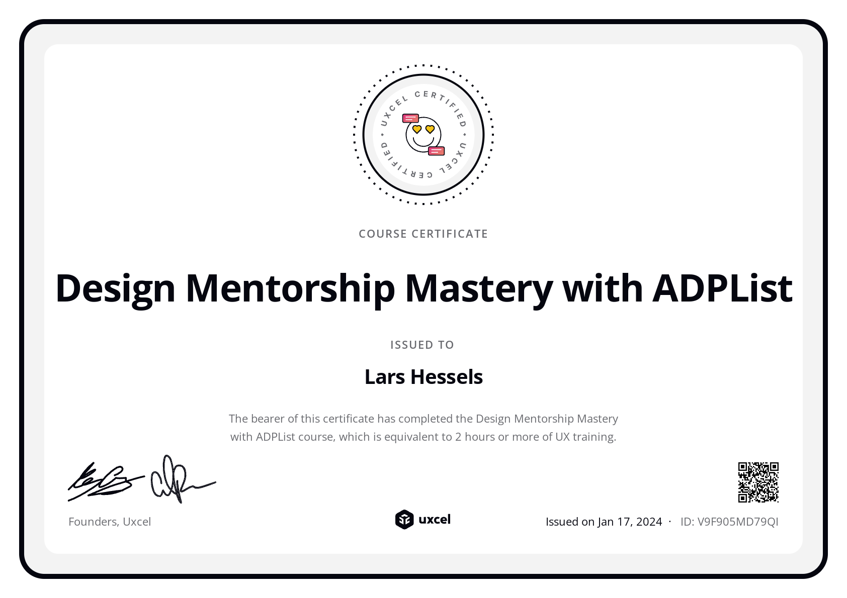 Lars Hessels's certificate